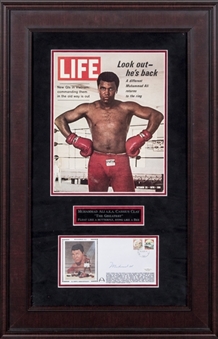 Muhammad Ali Autographed Commemorative Envelope With Life Magazine Cover In 20 1/2 x 31 1/2 Frame Display (JSA)